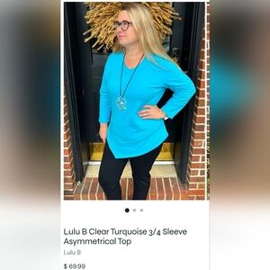 Lulu-B Turquoise Blue 3/4 Sleeve Assymetrical Top, Women's Small Coastal